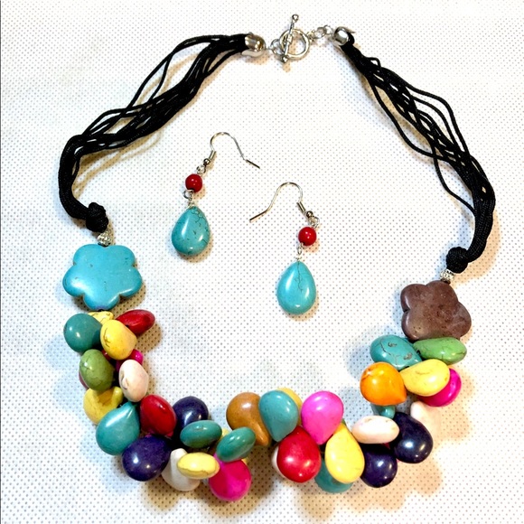 Turquoise Rainbow Gem Drop Necklace & Earrings Set - Picture 1 of 7
